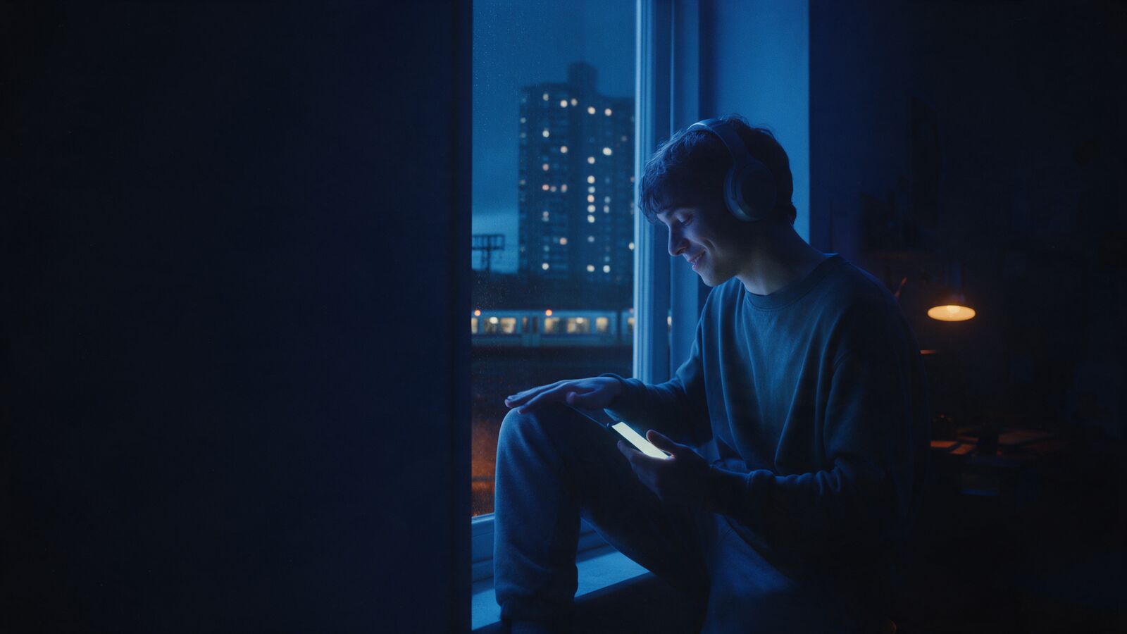 Someone on a window ledge at night, headphones on, smiling at a track on their phone