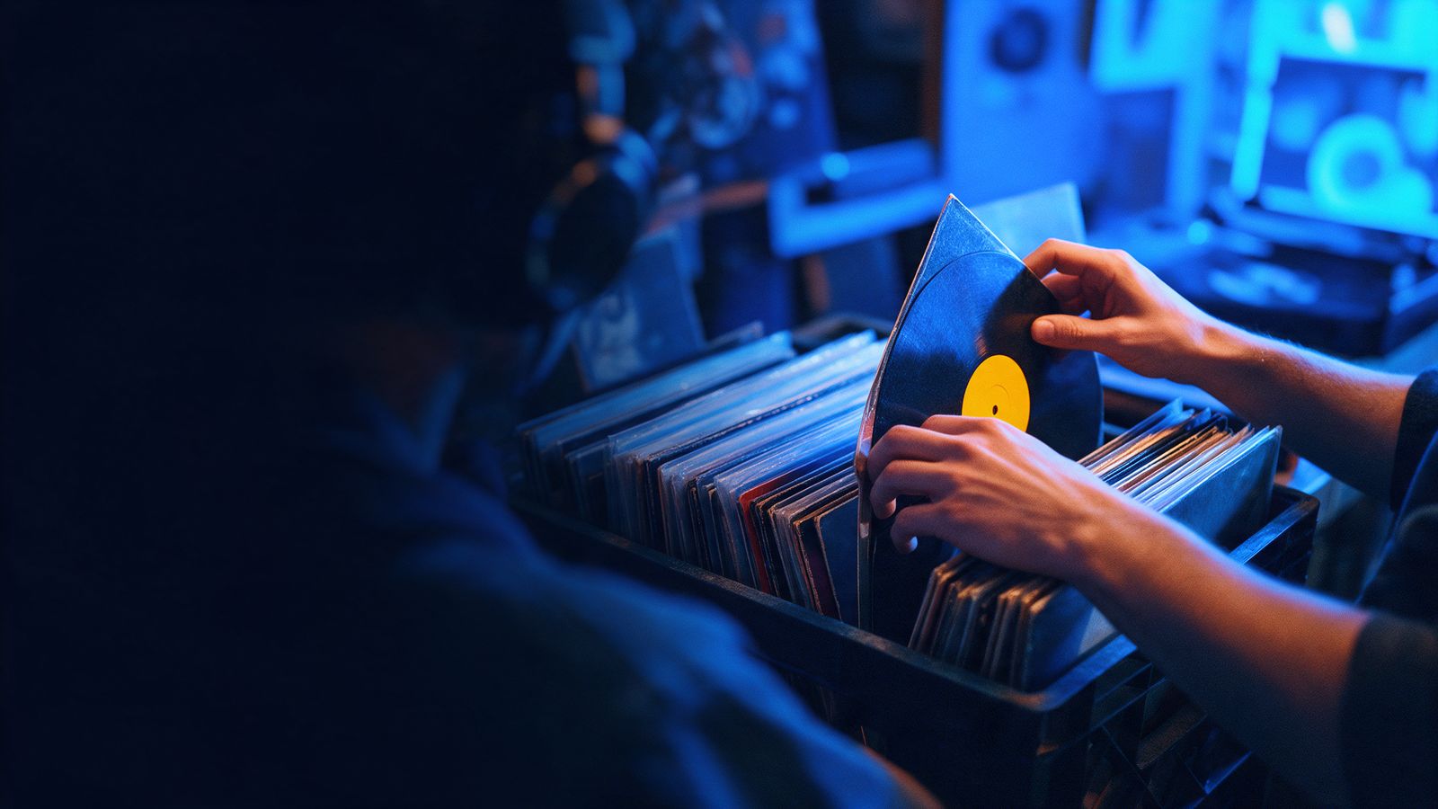 Hands pulling a record with a yellow label out of a crate